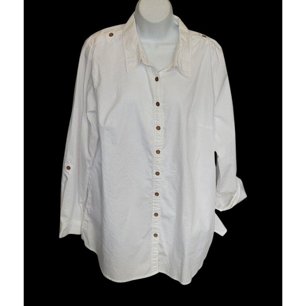 DENIM & CO Shirt Top Womens L White Long Roll Tab Button Front Collared Epaulet - Picture 1 of 9